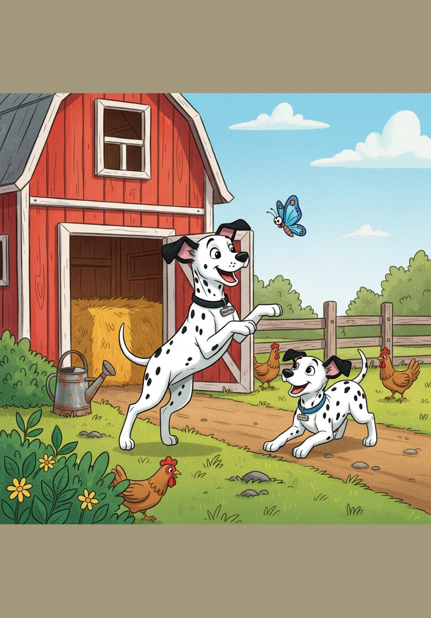 Suddenly, the farmyard erupts into a whirlwind of white feathers and loud squawks. Matrix leads the chase with joyful barks while Bobby follows close behind to make sure his brother stays safe.