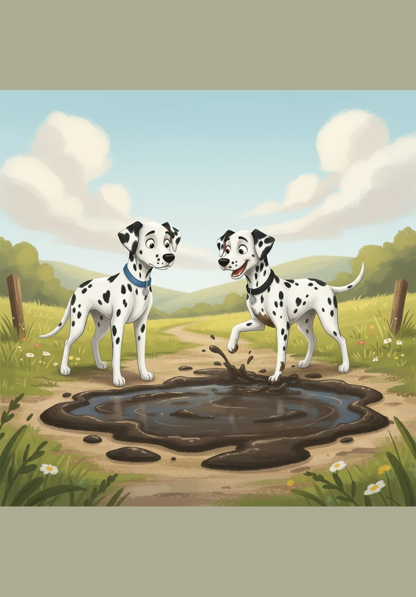 After the excitement of the farm, the duo discovers a magnificent, squishy puddle of dark mud. It sits right in the middle of their path, looking like an invitation for trouble.