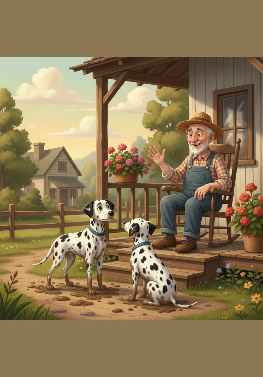 A kind old man with a gentle smile and a straw hat spots the two muddy travelers from his porch. He chuckles at their messy appearance and beckons them over with a friendly wave.