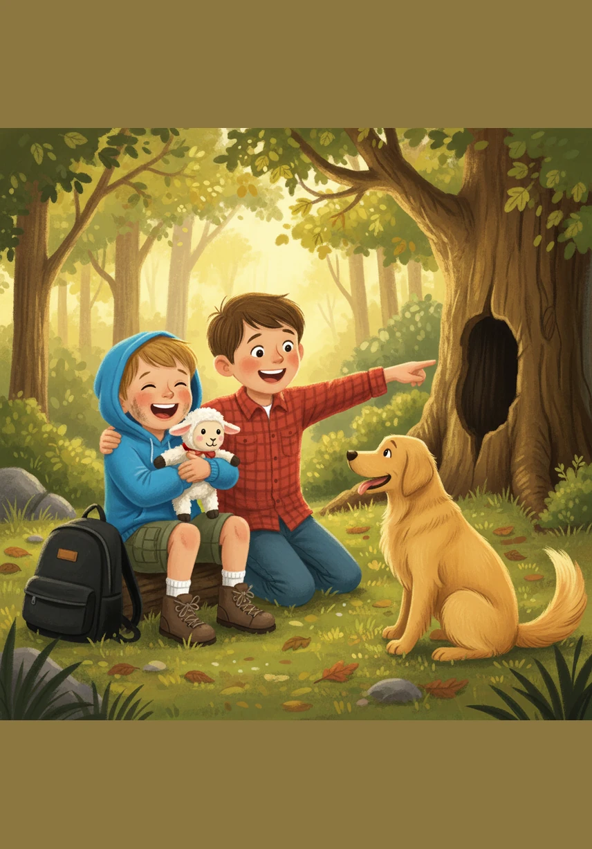 The worry on their humans' faces turns into pure joy as the two muddy brothers run into their arms. Even though they are covered in dirt, they are greeted with big hugs and relieved laughter.