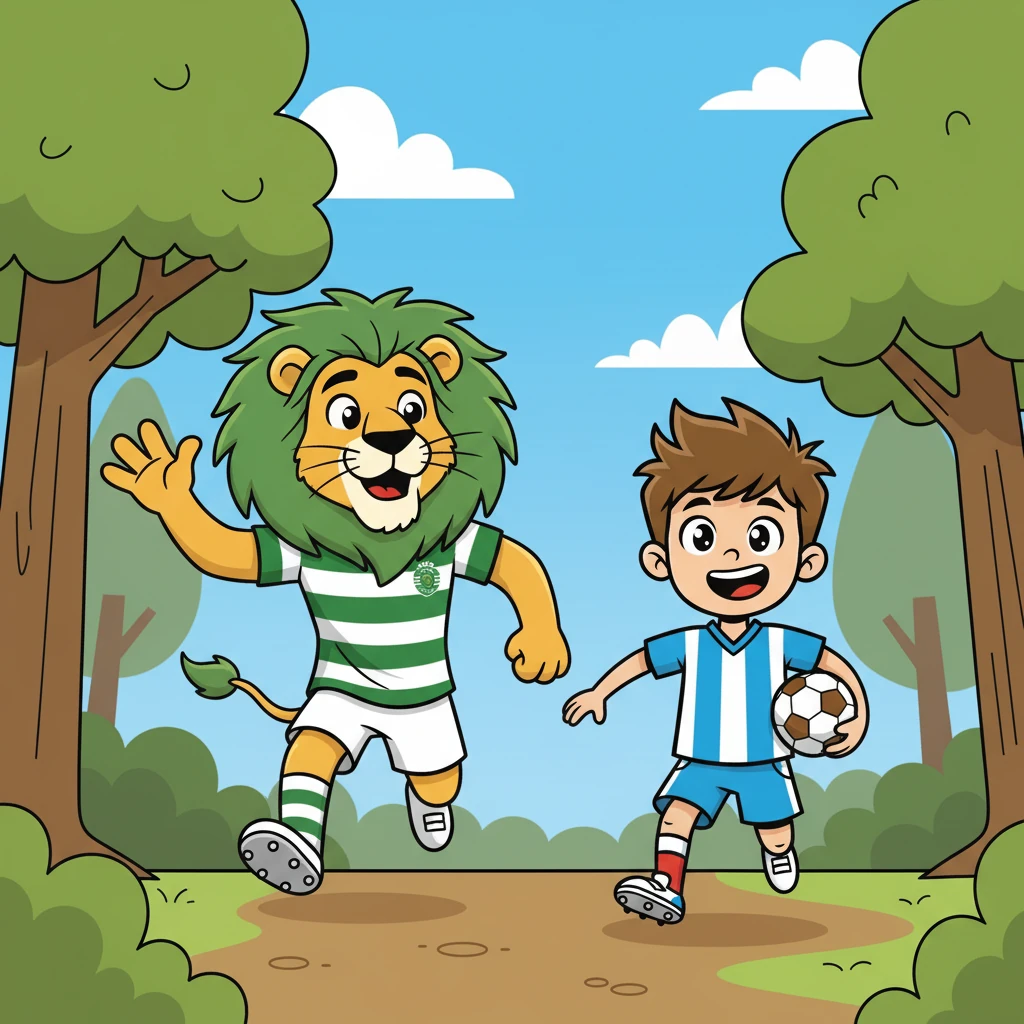 De repente, um rugido ecoou pela floresta, e Lucas viu Jubas, a mascote do Sporting Clube de Portugal, a correr em sua direção. Jubas parecia animado e acenava para Lucas, convidando-o a segui-lo. Lucas sentiu uma onda de alegria e seguiu Jubas, confiante.