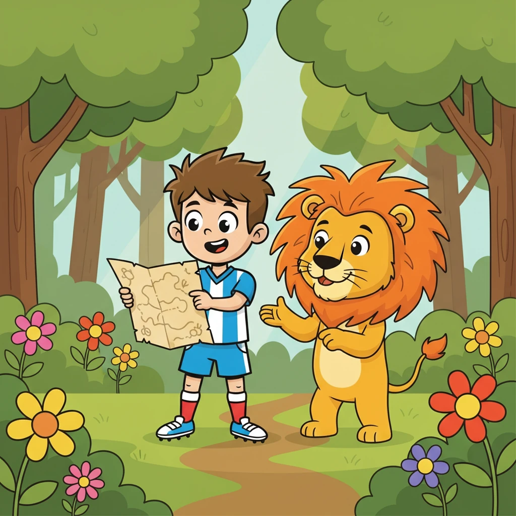 No meio da floresta, encontraram um mapa antigo, rabiscado e um pouco rasgado. Jubas, com um sorriso, indicou que o mapa poderia ser a chave para encontrar o caminho para o estádio. Lucas, curioso, pegou no mapa e começou a decifrá-lo.