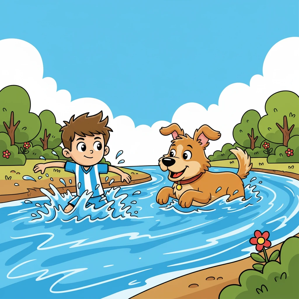 Enquanto seguiam o mapa, Lucas e Jubas depararam-se com um rio largo e caudaloso. Sem hesitar, Jubas deu um salto e nadou, mostrando a Lucas como atravessar. Lucas, um pouco hesitante, seguiu o exemplo, sentindo a água fria a refrescá-lo.