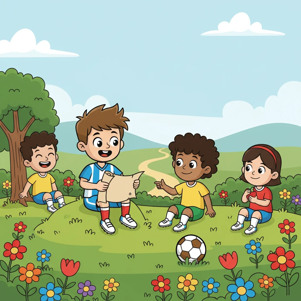 Com o mapa e a ajuda de Joaquim, a equipa continuou a sua jornada. Passaram por um campo florido, onde pararam para descansar e partilhar histórias. A amizade entre eles fortalecia-se a cada passo.