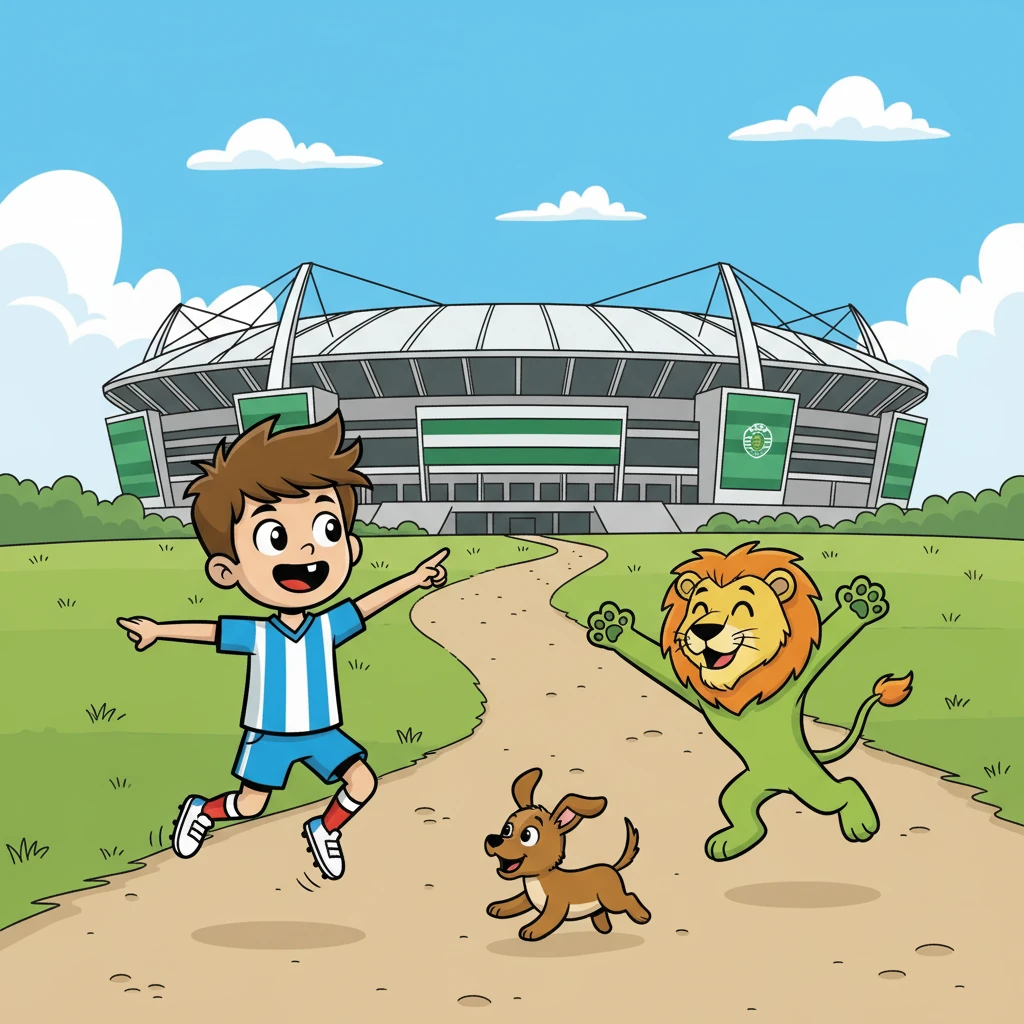 Finalmente, depois de muita caminhada, avistaram o Estádio José Alvalade ao longe! Os corações de Lucas, Jubas e Joaquim encheram-se de alegria e entusiasmo. Estavam quase lá!