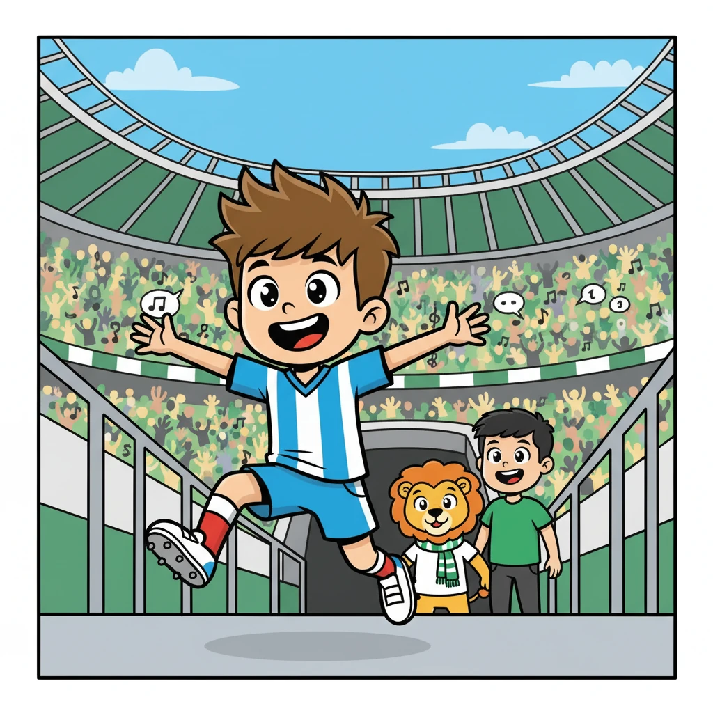 Chegando ao estádio, a multidão já gritava e cantava. Lucas, Jubas e Joaquim, entraram juntos, sentindo a energia da torcida. Estavam prontos para apoiar o Sporting!