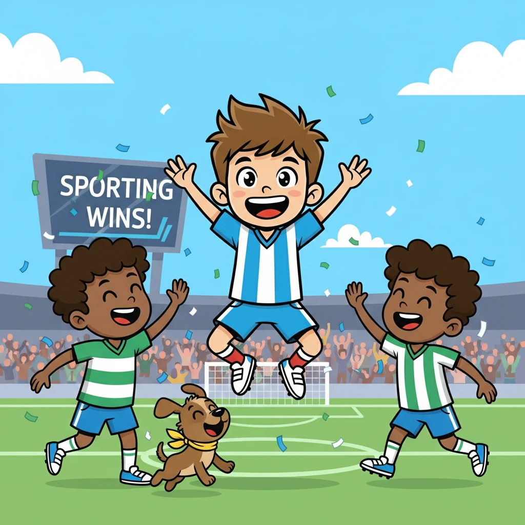 No final do jogo, o Sporting venceu! Lucas, Joaquim e Jubas celebraram juntos, felizes e gratos pela aventura que viveram. A amizade e a paixão pelo futebol uniram-nos para sempre.