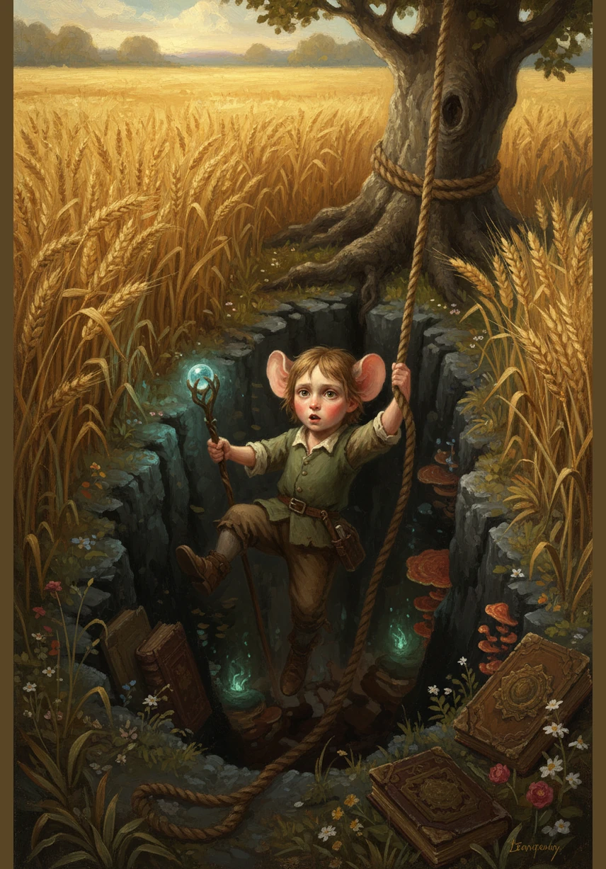 While wandering through the towering clover, Egor slips into a hidden burrow lined with soft moss. He slides down a smooth, earthen tunnel until he lands softly in a chamber lit by glowing crystals.