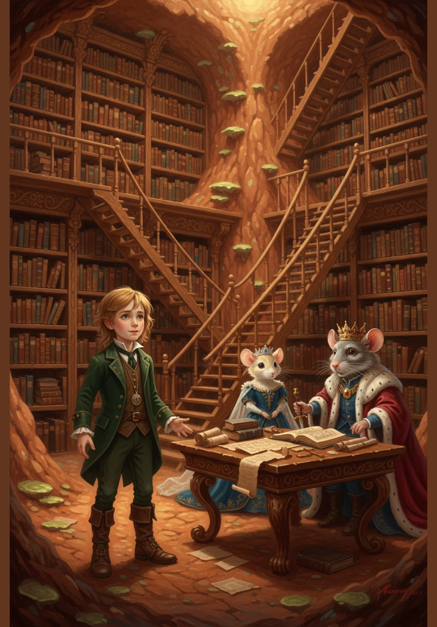 A group of moles wearing tiny spectacles and leather vests greets Egor with surprise. They show him their magnificent library filled with books made of dried leaves and explain the secrets of the underground.