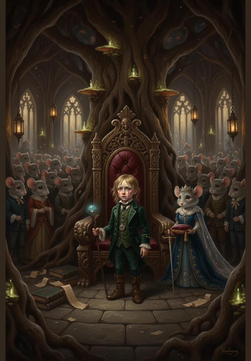 Egor is led to a grand hall carved into the roots of an ancient oak tree, where the Mouse King sits on a throne of polished acorns. The King’s face is heavy with sorrow as he tells Egor about his missing daughter, Princess Mia.