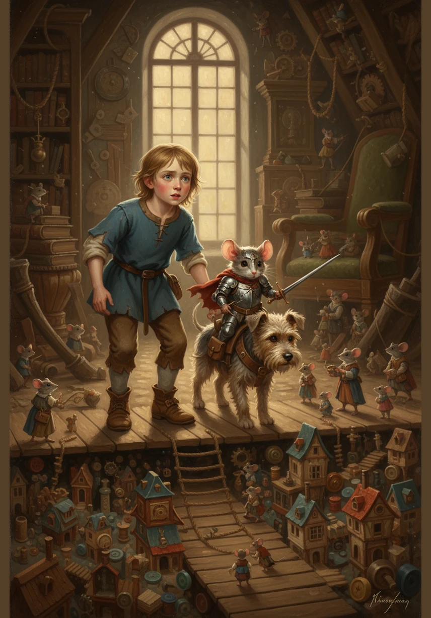 Egor and a clever mouse knight named Pip traverse the bustling mouse city, where water flows through hollow reeds and fireflies serve as streetlamps. He marvels at how the mice use every bit of nature to build their cozy, intricate homes.