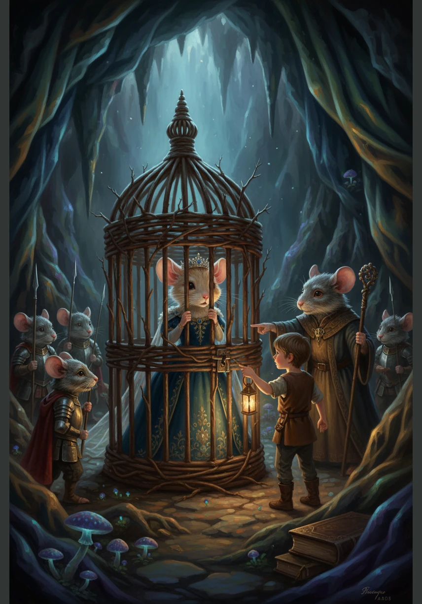 In a cavern filled with shimmering silk, they find Princess Mia trapped in a cage made of sturdy twigs. A giant, fuzzy spider guards the cage, its many eyes reflecting Egor’s determined face.