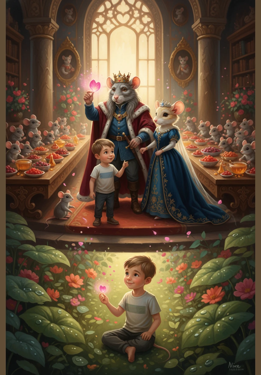 The kingdom celebrates with a grand feast of berries and honey drops as the Princess is returned. The Mouse King gives Egor a magical petal that restores his size, leaving him back in his garden with a heart full of underground secrets.