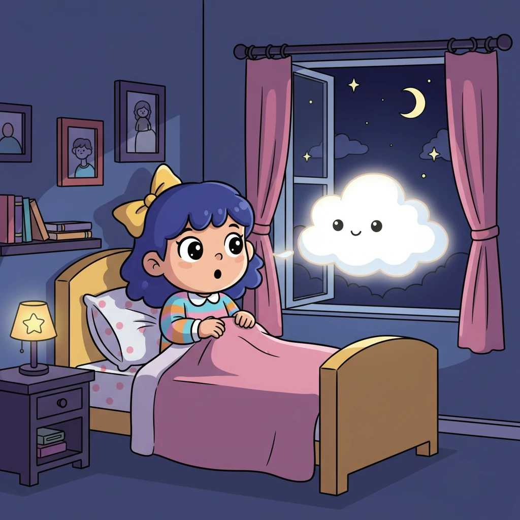 அன்றிரவு, ராகினி படுக்கைக்குச் சென்றபோது, அந்த மேகம் அவளது சாளரத்தின் அருகில் வந்தது. "ஹே, ராகினி!" என்று மெதுவாகக் குரல் கொடுத்தது. ராகினி ஆச்சரியத்துடன் எழுந்து, மேகத்தைப் பார்த்தாள், அது அவளை ஒரு சாகசத்திற்கு அழைத்தது.