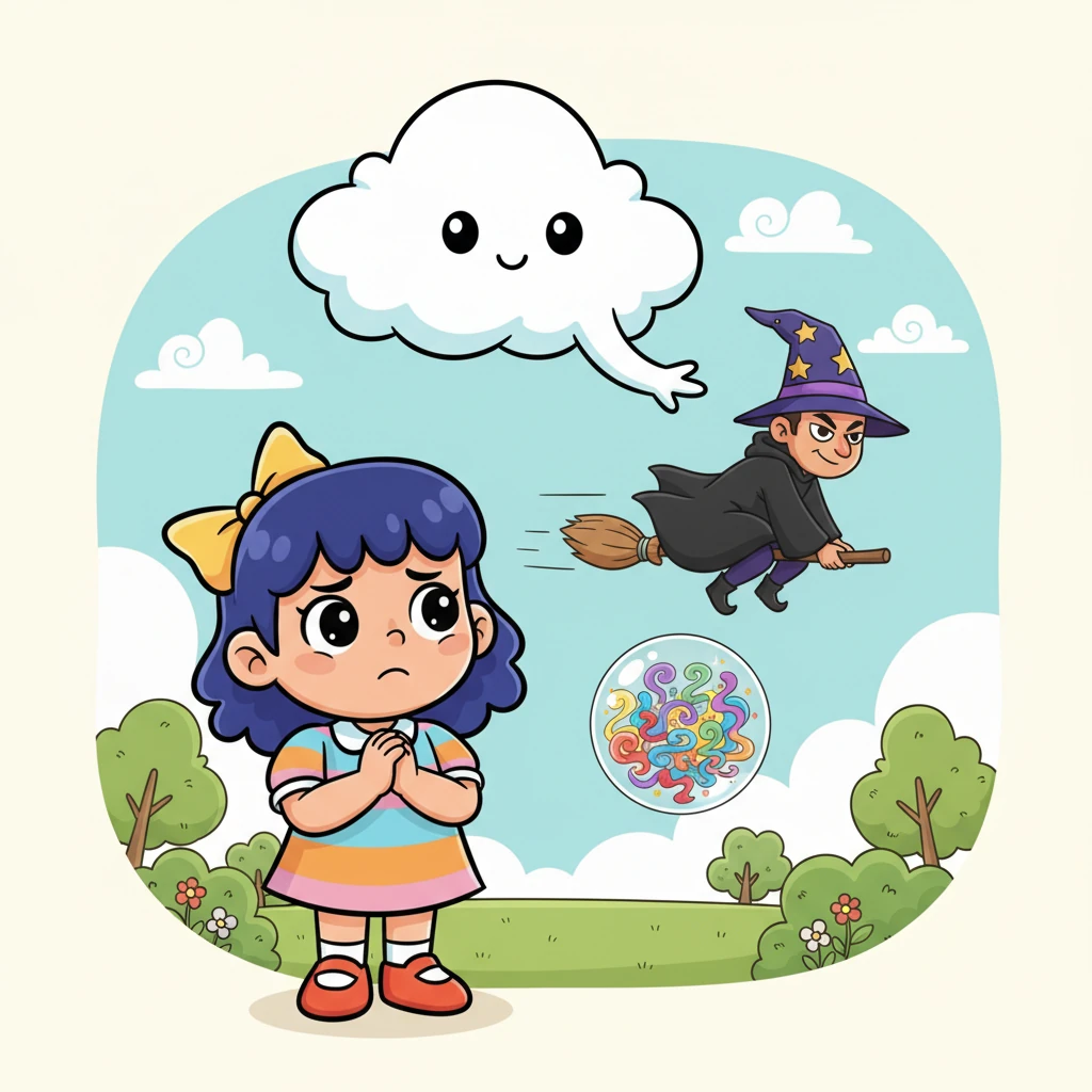 "வண்ணங்கள் எங்கே போயின?" என்று ராகினி கேட்டாள். மேகம், "ஒரு দুষ্ট மந்திரவாதி அவற்றை திருடி, ஒரு மாயக் குமிழில் அடைத்துவிட்டான்" என்றது. ராகினிக்கு அந்த வண்ணங்களைத் திரும்பக் கொண்டு வர வேண்டும் என்று தோன்றியது.