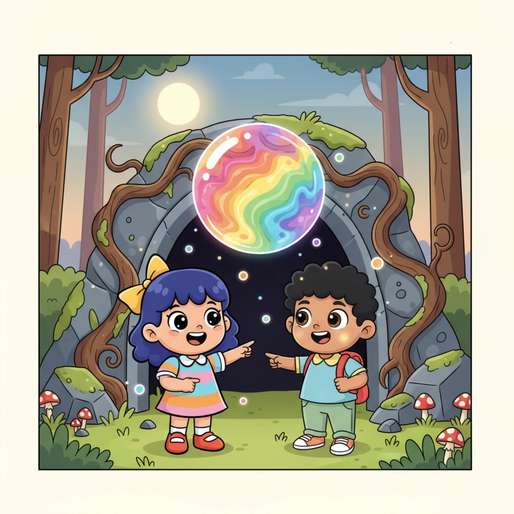 அவர்கள் இருவரும் சேர்ந்து, மந்திரவாதியின் குகையைக் கண்டுபிடித்தனர். குகையின் வாயிலில் ஒரு பெரிய, பளபளக்கும் குமிழி இருந்தது, அதற்குள் வானவில்லின் அனைத்து வண்ணங்களும் சிக்கியிருந்தன.