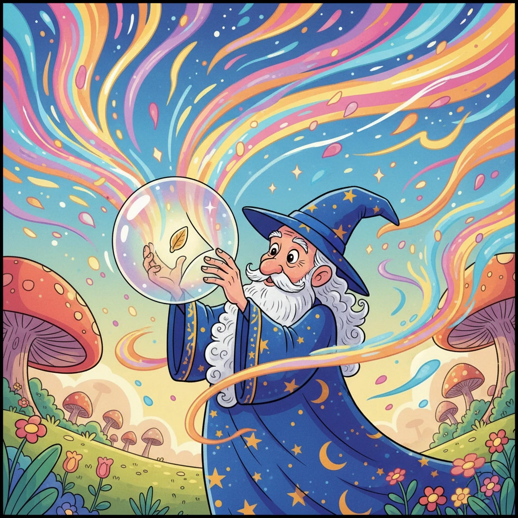 மந்திரவாதி விதையைக் கண்டதும், அவன் கண்கள் பிரகாசமாகின. அவன் குமிழியைத் திறந்து, விதையை எடுக்க முயன்றான். அந்த தருணத்தில், வண்ணங்கள் அனைத்தும் குமிழியில் இருந்து வெளியேறி, வானத்தில் பரவின.