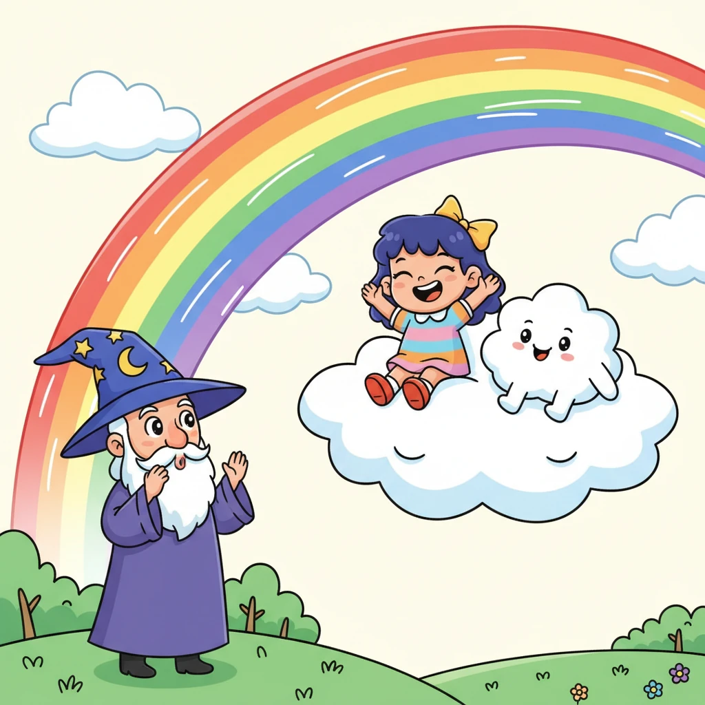 மந்திரவாதி ஆச்சரியத்துடன் பார்த்தான், வண்ணங்கள் வானவில்லாக மாறி, வானத்தில் ஒரு பெரிய வளைவை உருவாக்கின. ராகினியும் மேகமும் மகிழ்ச்சியுடன் சிரித்தனர்.