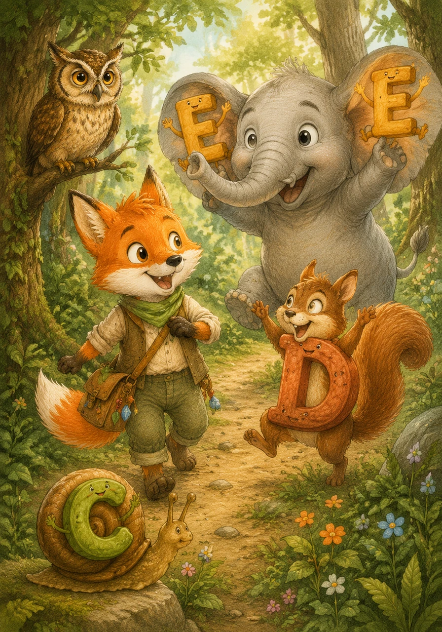 Caminhando pela floresta, Albi encontra a letra C escondida em uma casa de caracol, a letra D em um doce esquilo e a letra E nas orelhas gigantes de um elefante amigável. As letras saltam de alegria ao verem seu novo amigo explorador.