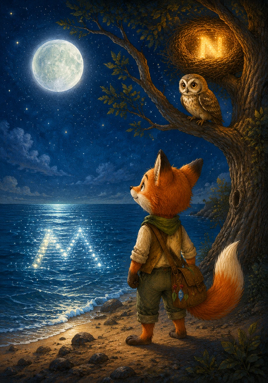 Sob a luz da Lua prateada, que começa com a letra L, Albi vê a letra M refletida suavemente no mar e a letra N protegida dentro de um ninho quentinho no topo de uma árvore. O silêncio da noite é preenchido pelo brilho mágico das letras coletadas.