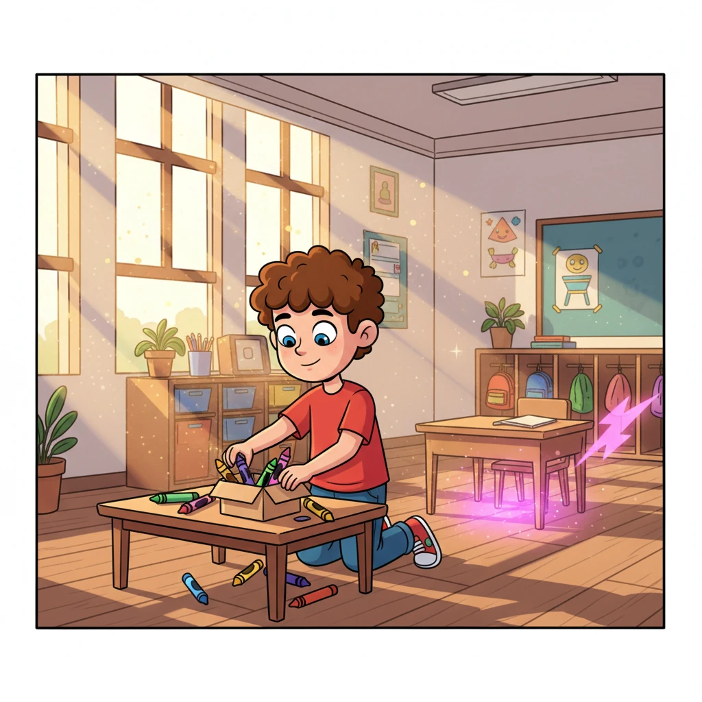 Leo lingered after school, gathering his colorful crayons. The classroom was quiet, sunlight streaming through the windows, making dust motes dance. He turned to leave, but then he saw a shimmer near Lucy's desk, and a flash of vibrant pink caught his eye.