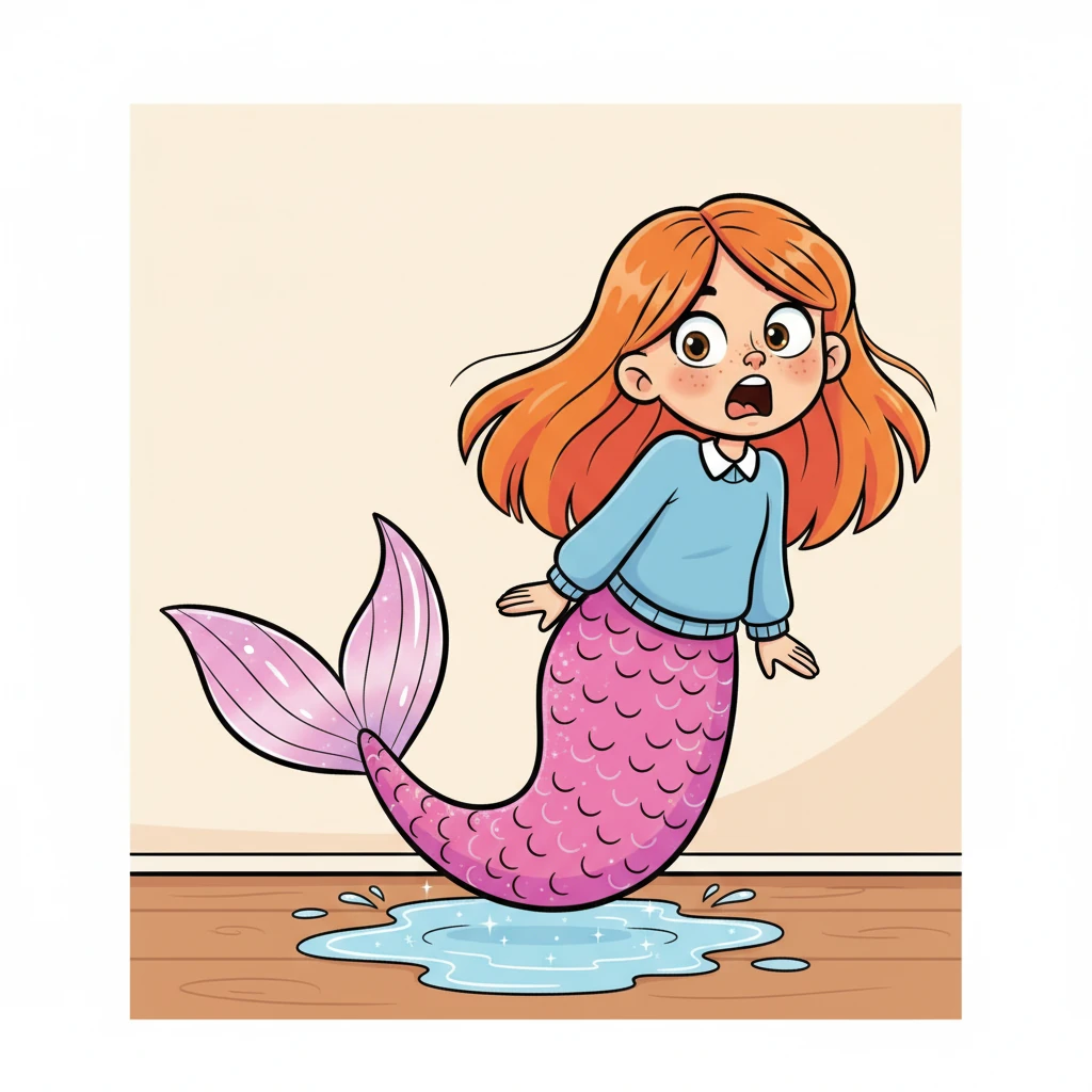 His jaw dropped! Where Lucy's legs should have been was a magnificent, shimmering pink mermaid tail, complete with delicate fins. Her ginger hair fanned around her, and her freckled face held a look of wide-eyed surprise, mirroring Leo's own expression. A small, sparkling puddle had mysteriously appeared on the floor around her.
