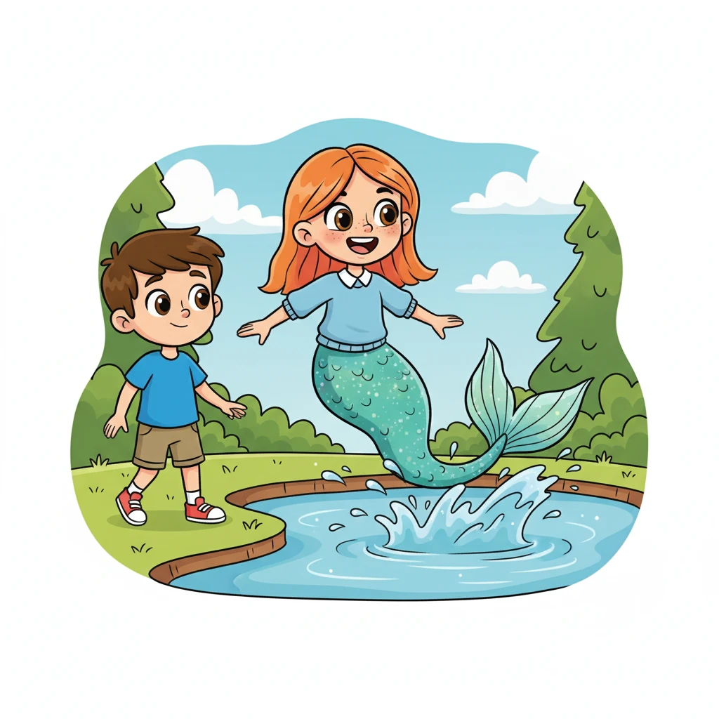Lucy giggled, a sound like tiny bells, and playfully flopped her tail, sending a spray of water droplets into the air. Leo, still a little stunned, couldn't help but smile back. He carefully walked closer, his eyes wide with wonder at the magical sight.