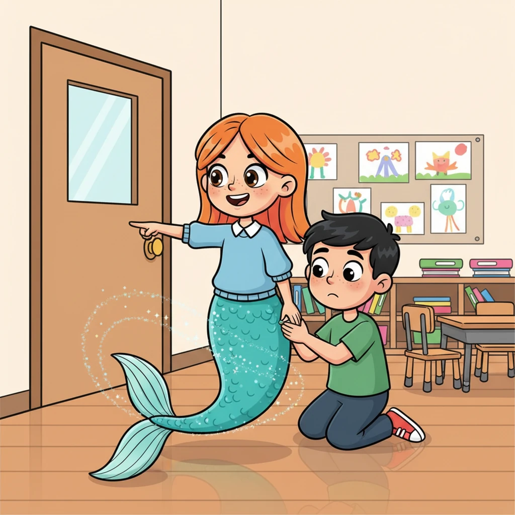 "How will we get you home?" Leo whispered, looking at her long, beautiful tail. Lucy pointed to the classroom door with a playful wink. Together, they imagined a daring plan, Lucy wiggling her tail and Leo gently guiding her across the polished floor, leaving a faint, sparkling trail.