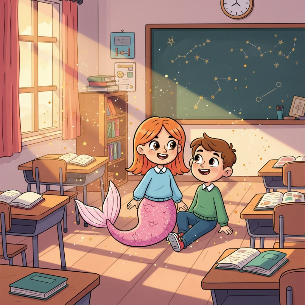 Just as the last ray of sun dipped below the window, Lucy gave a final, happy flick of her tail, making the classroom sparkle one last time. They shared a secret smile, knowing their ordinary classroom had become a place of extraordinary magic. Leo knew he'd never forget his classmate, the pink-tailed mermaid, and their amazing after-school adventure.