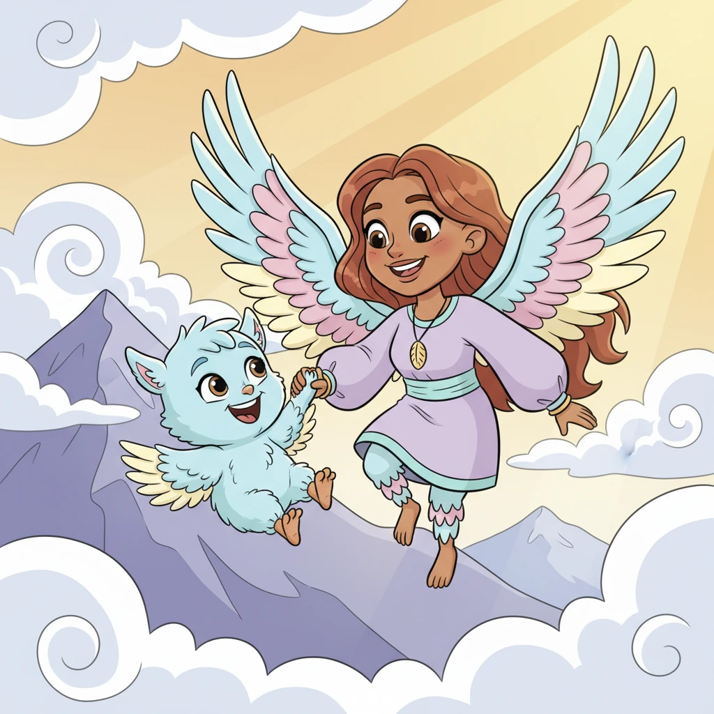 High above the sun-drenched peaks, lived Aero, a cheerful harpy descendant, with his loving mom. Aero had fluffy blue feathers and tiny, curious wings, always eager to explore. His mom, with her magnificent golden wings, would teach him songs of the wind and games among the clouds.