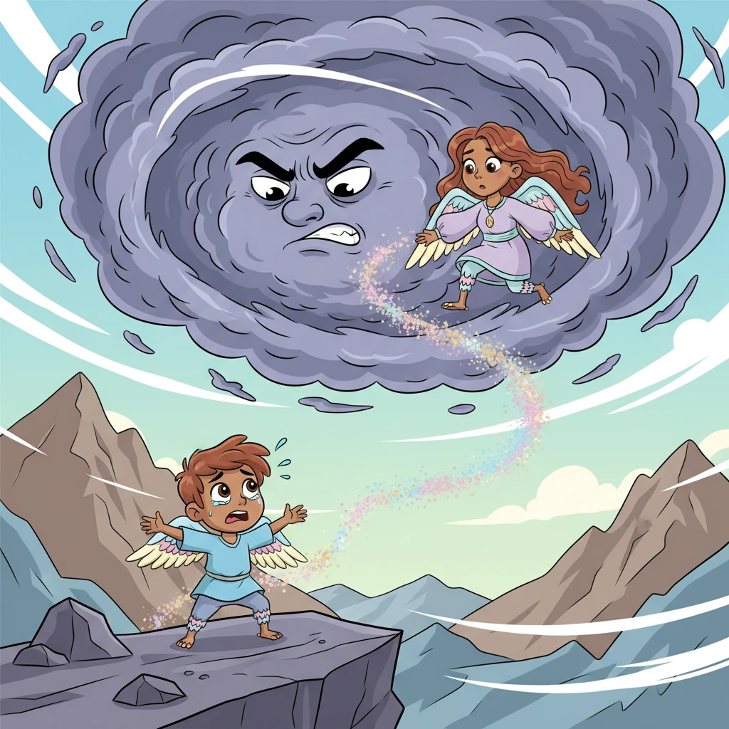 One blustery afternoon, a swirling, grumpy cloud, much bigger than any Aero had seen, swept through their mountain home. Before Aero could flap his little wings, the cloud whisked his mom away, leaving behind only a faint, shimmering trail. Aero cried out, his heart fluttering with worry.