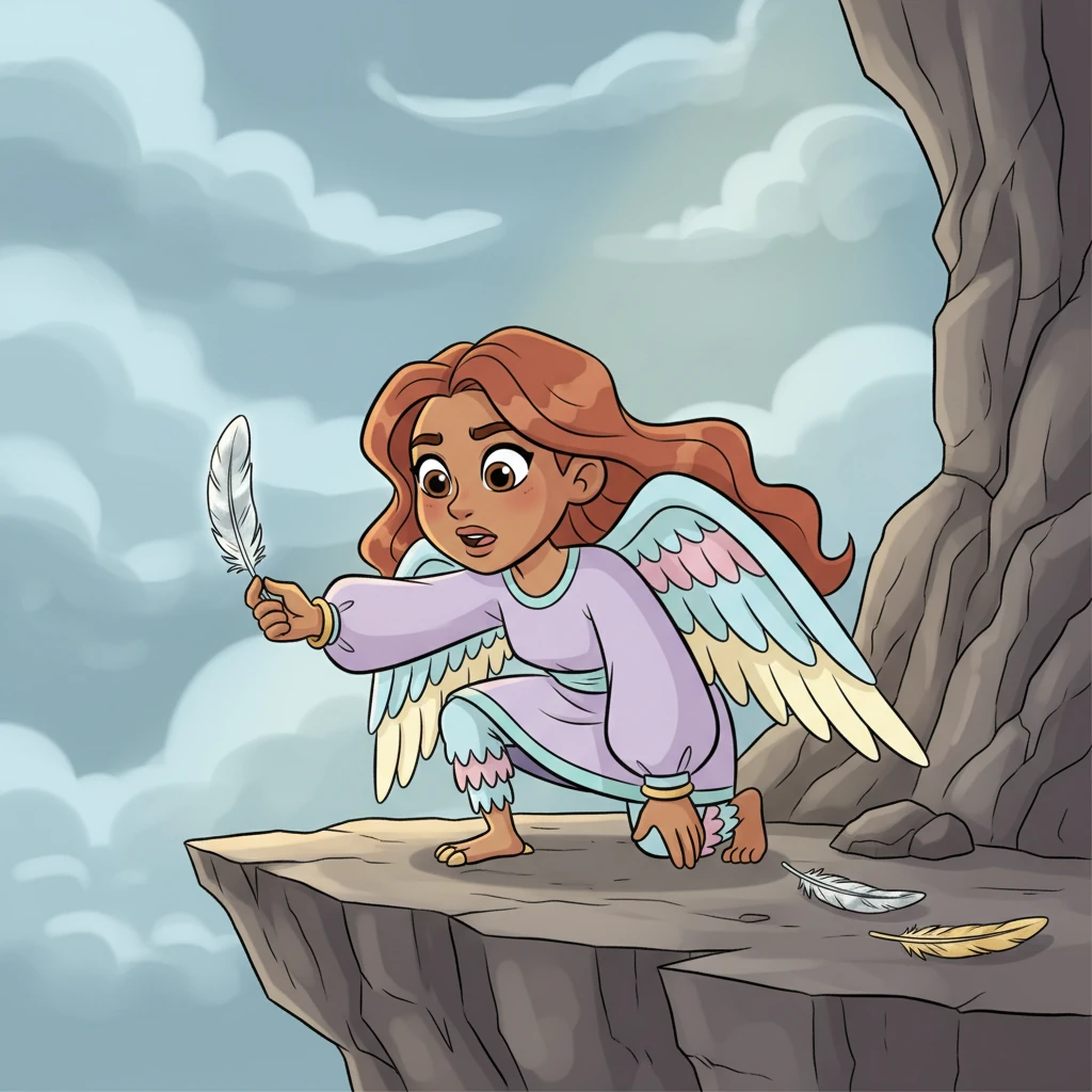 Aero searched frantically, but his mom was nowhere to be found. He spotted a single, unusual silvery feather glinting on a rocky ledge, unlike any of his mom's golden ones. This must be a clue, a sign of where she might have gone!