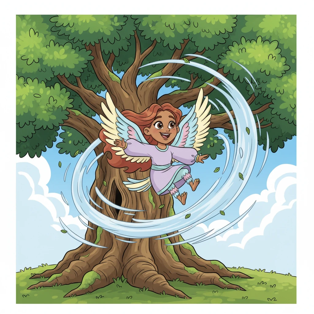 Suddenly, a playful gust of wind tried to lead him astray, swirling him in dizzying circles around a towering, ancient oak. Aero giggled, using his harpy agility to dip and dive, turning the tricky wind into a fun aerial game until he found his path again.