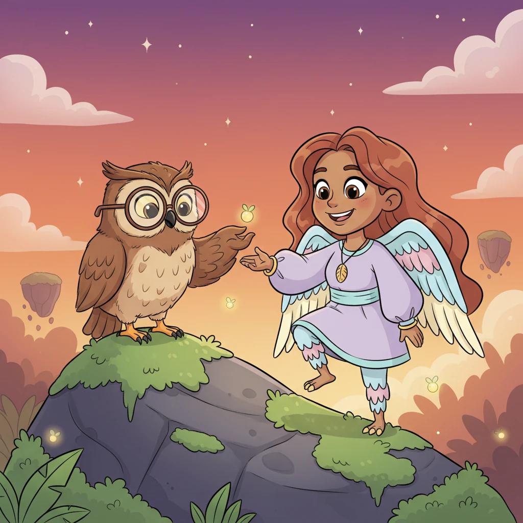 As dusk painted the sky in hues of orange and purple, Aero landed on a friendly, moss-covered stone. There, a wise old owl with spectacles perched on its beak offered him a tiny, glowing berry. "This berry will show you the way to the cloud's heart," hooted the owl softly.