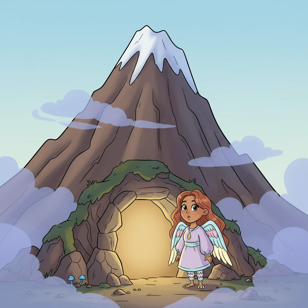 Following the berry's gentle shimmer, Aero flew towards the highest, most mysterious mountain peak, shrouded in mist. He discovered a hidden cave entrance, glowing faintly with the berry's light. His mom had to be inside!