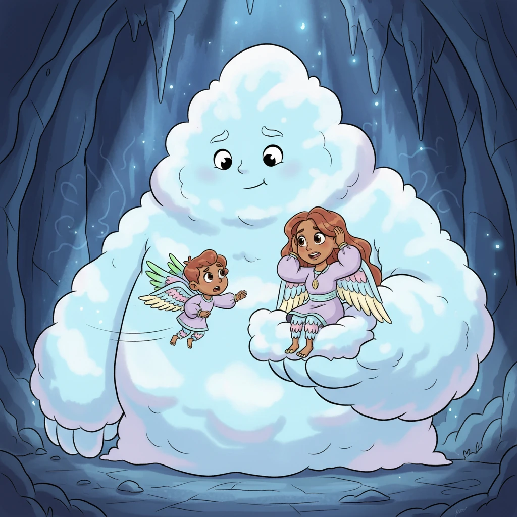 Deep within the cave, Aero found his mom, looking a bit dazed, next to an enormous, rumbling Cloud Giant! The giant was not mean, just very clumsy and a little lonely, having accidentally scooped her up while gathering mist for its cloud home.