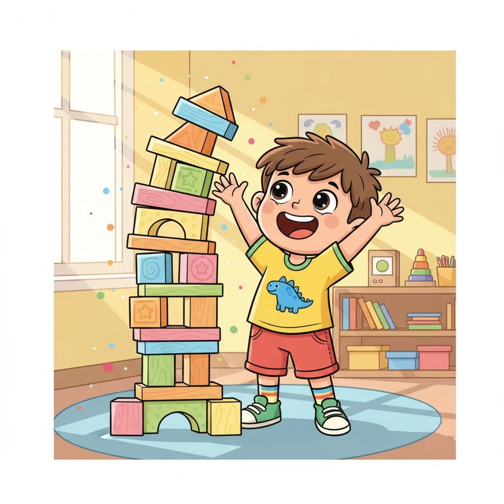 Leo, a cheerful preschooler with big, bright eyes, is building a magnificent tower of colorful blocks. He giggles, stretching his arms high as the tower wobbles slightly. Sunlight streams through the classroom window, making the blocks glow with happy colors. His small, round body is full of energy, ready for a fun day.