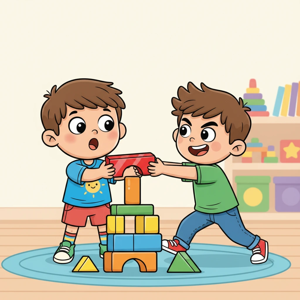 Suddenly, another boy, Max, with spiky hair and a determined grin, rushes over, pointing at a shiny red block at the top of Leo's tower. Max grabs for it, making Leo's eyes widen in surprise. A playful tug-of-war begins, with both boys holding onto the block.