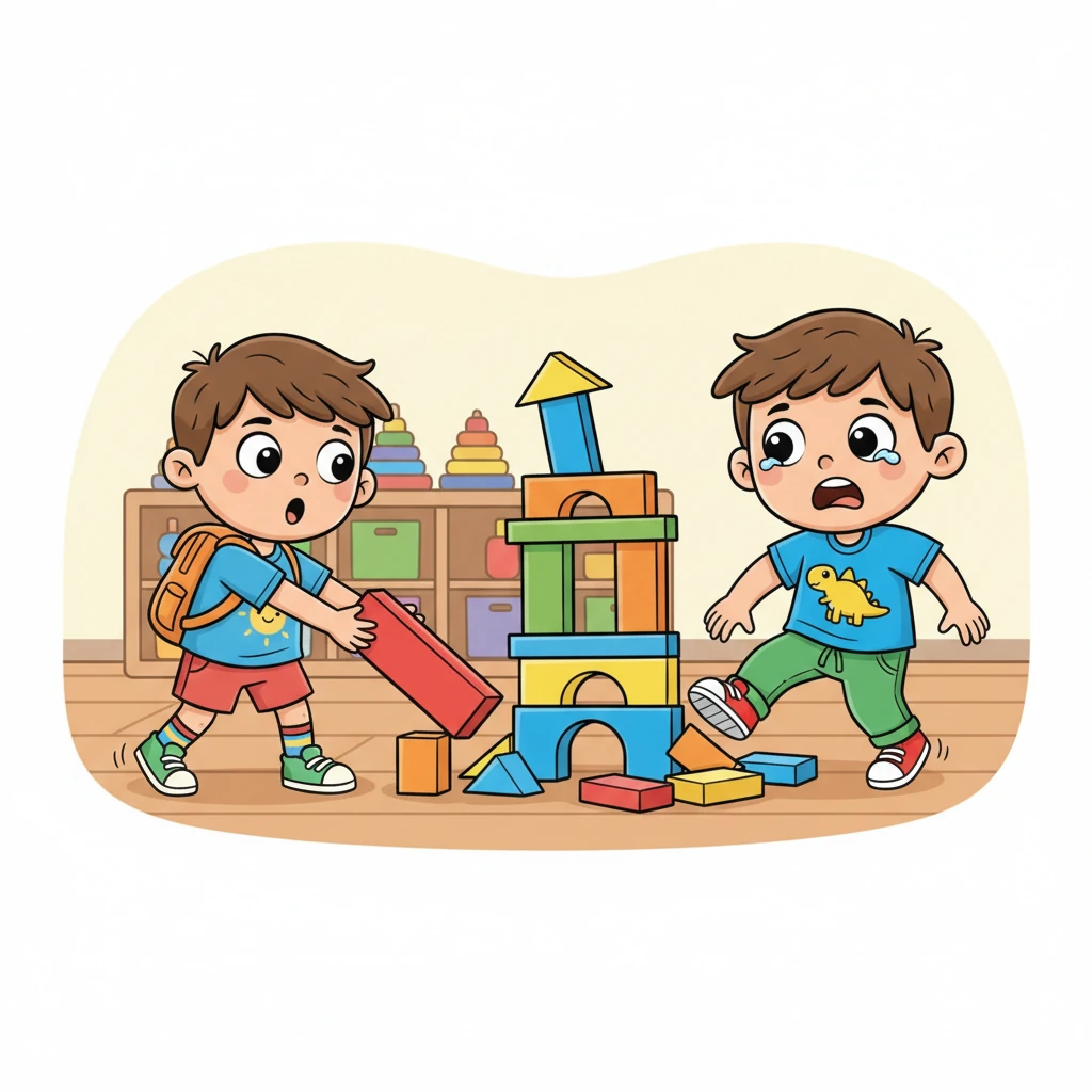 The tug-of-war turns into a small push as Max tries to pull the block away. Leo stumbles back, his magnificent tower toppling with a clatter. His happy smile vanishes, replaced by a sad frown and a little tear welling in his eye. Max looks a bit surprised by the mess.