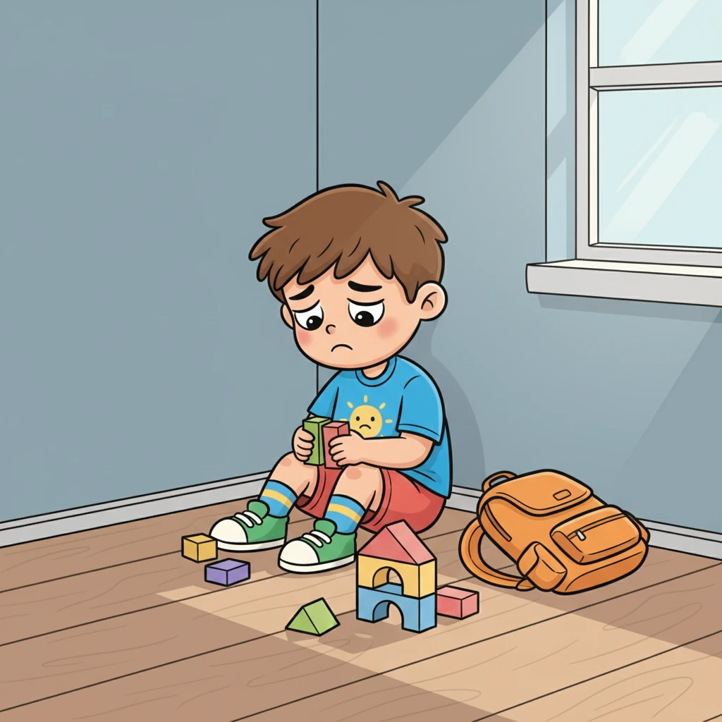 Leo sadly gathers a few scattered blocks, moving to play by himself in a corner. The fun from earlier has completely disappeared, leaving a cloudy feeling in his tummy. He builds a small, lonely house, but his heart isn't in it. His usually bouncy demeanor is now quiet and still.