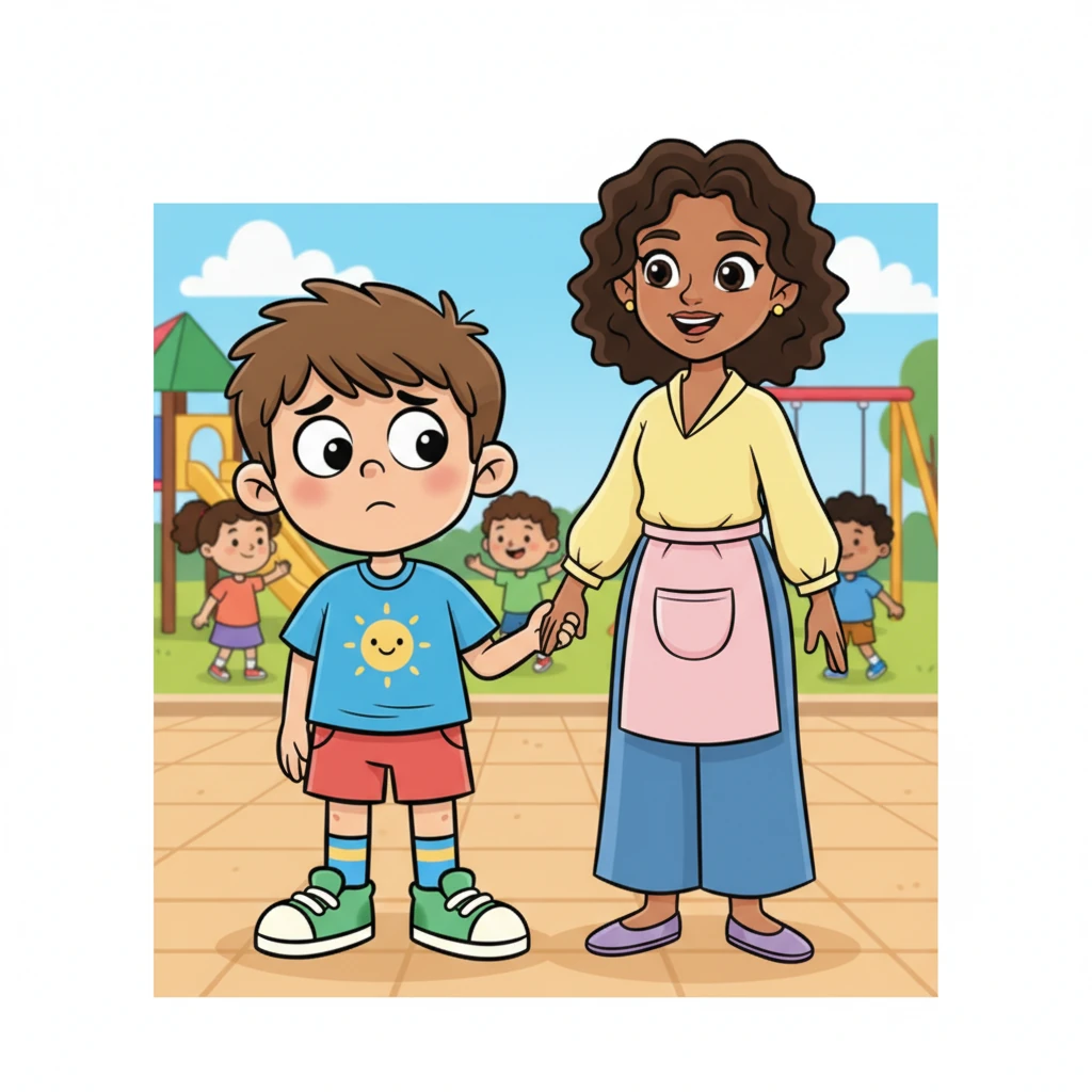 When Mom arrives to pick him up, Leo is unusually quiet, his shoulders slumped. He holds her hand tightly, avoiding eye contact with the other children. Mom, with her warm, kind smile, notices his subdued mood right away. She gives his hand a gentle squeeze, sensing something is amiss.
