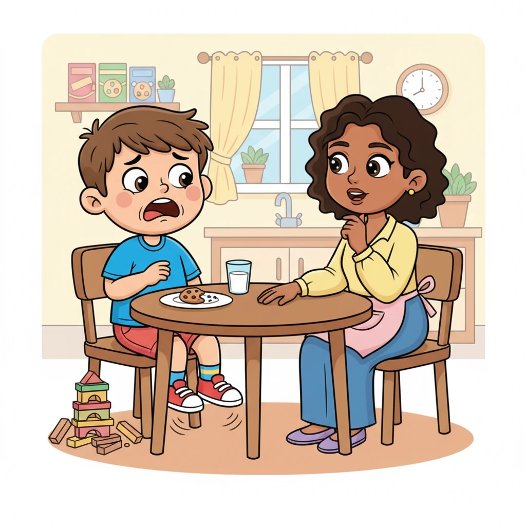 At home, while having a snack, Mom gently asks Leo what happened. Leo hesitates, kicking his feet under the chair, but then his expressive face crinkles, and he tells her all about Max and the fallen tower. His words tumble out, a mix of sadness and frustration. Mom listens with full attention, her eyes soft and understanding.