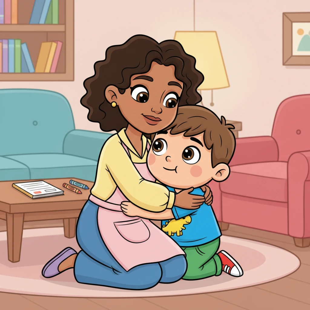 Mom wraps Leo in a comforting hug, assuring him it's okay to feel upset. She explains that talking about problems helps make them smaller. Together, they brainstorm ideas for how Leo could talk to Max or ask the teacher for help the next day. A little spark of hope begins to flicker in Leo's eyes.