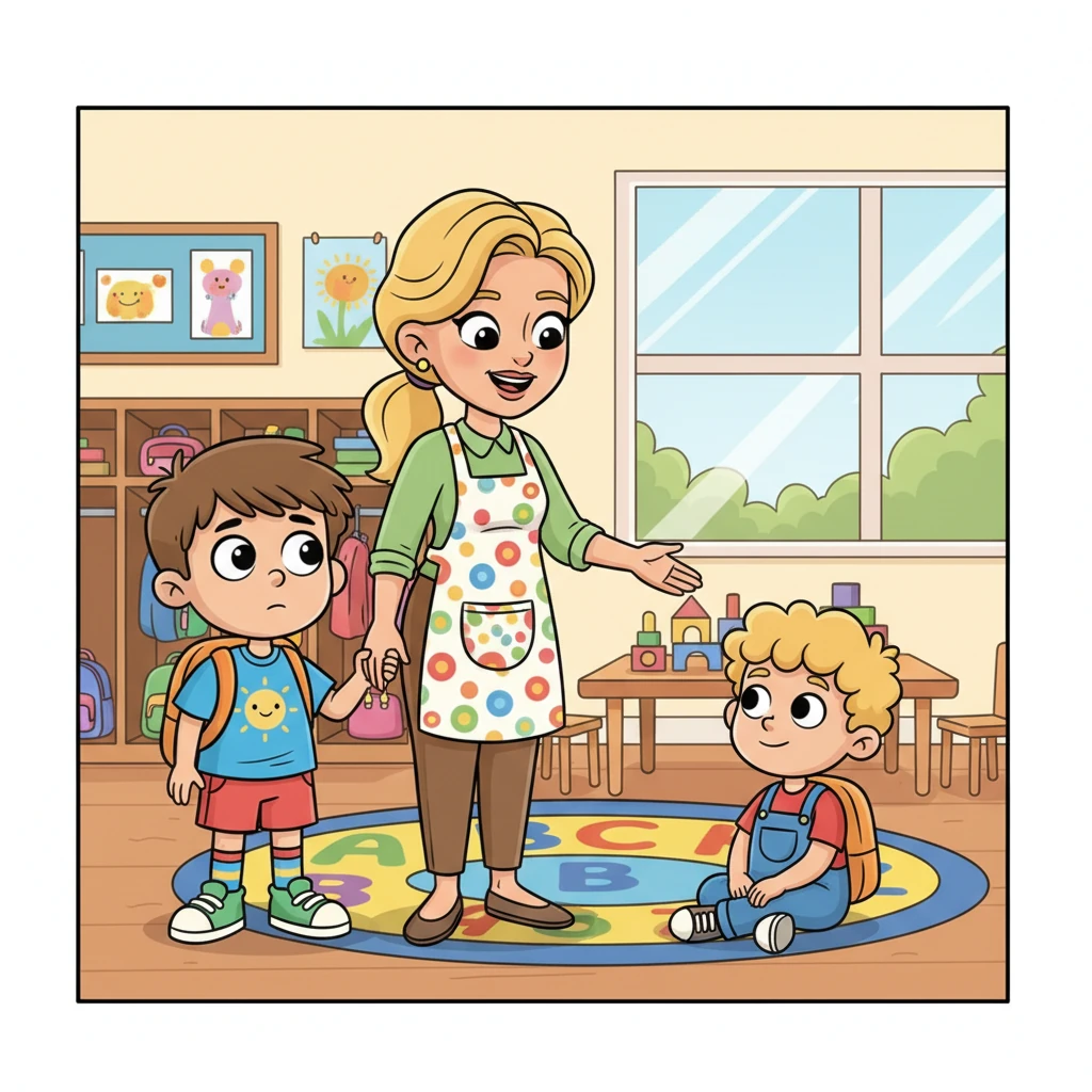 The next morning, Leo walks into preschool holding Mom's hand, feeling a tiny bit braver. Mom has a quick, friendly chat with their teacher, Miss Lily, who has a big, welcoming smile. Miss Lily then gently approaches Leo and Max, her calm presence making everyone feel safe.