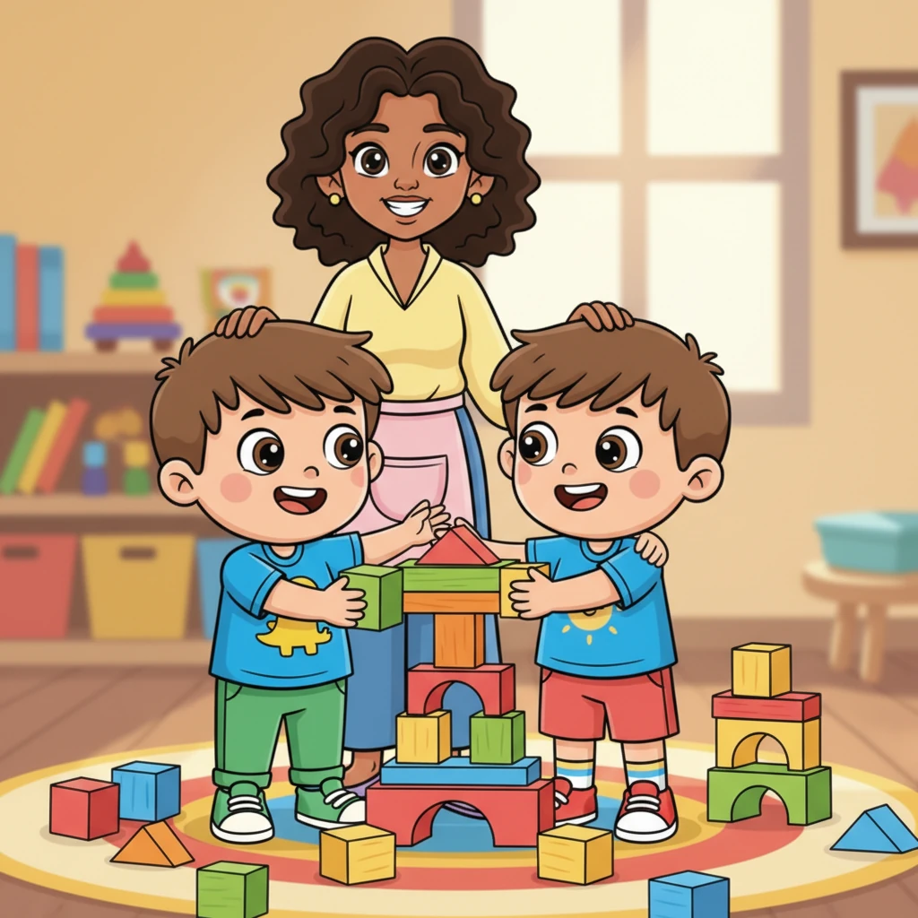 With Miss Lily's help, Leo and Max talk about what happened. Max apologizes for pushing, and Leo explains how sad he felt when his tower fell. They decide to build an even bigger, super-duper tower together, taking turns with all the colorful blocks. Their smiles return, brighter than ever.