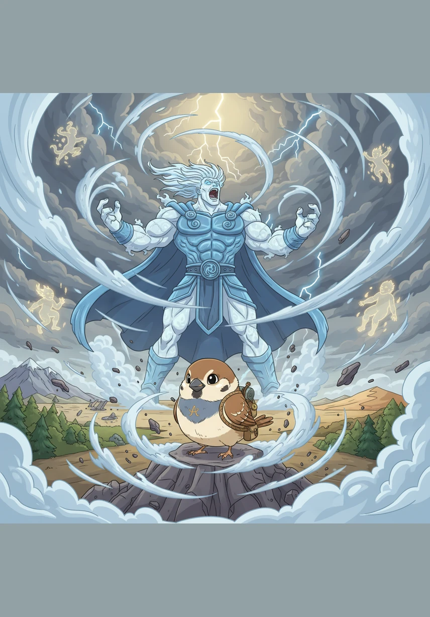 The Wind was moved by the sparrow's courage and roared into the sky, traveling to the furthest corners of the earth to gather the scattered spirits of the air.