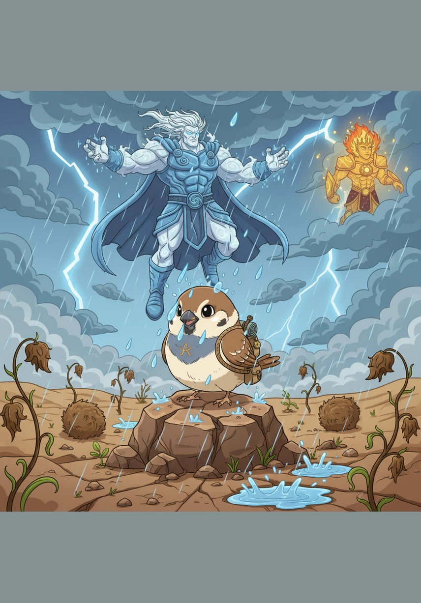 Suddenly, the first cool drops of rain began to splash against the dust, turning into a glorious downpour that filled the empty rivers and soaked the thirsty ground.