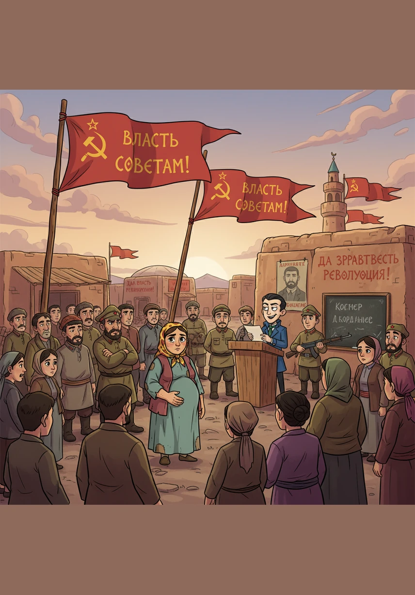 The winds of change sweep across the village as the Soviet era begins, marked by red banners and the loss of tradition. Villagers gather in the dust to surrender their livestock to the collective, while men with false smiles whisper promises of a new world.