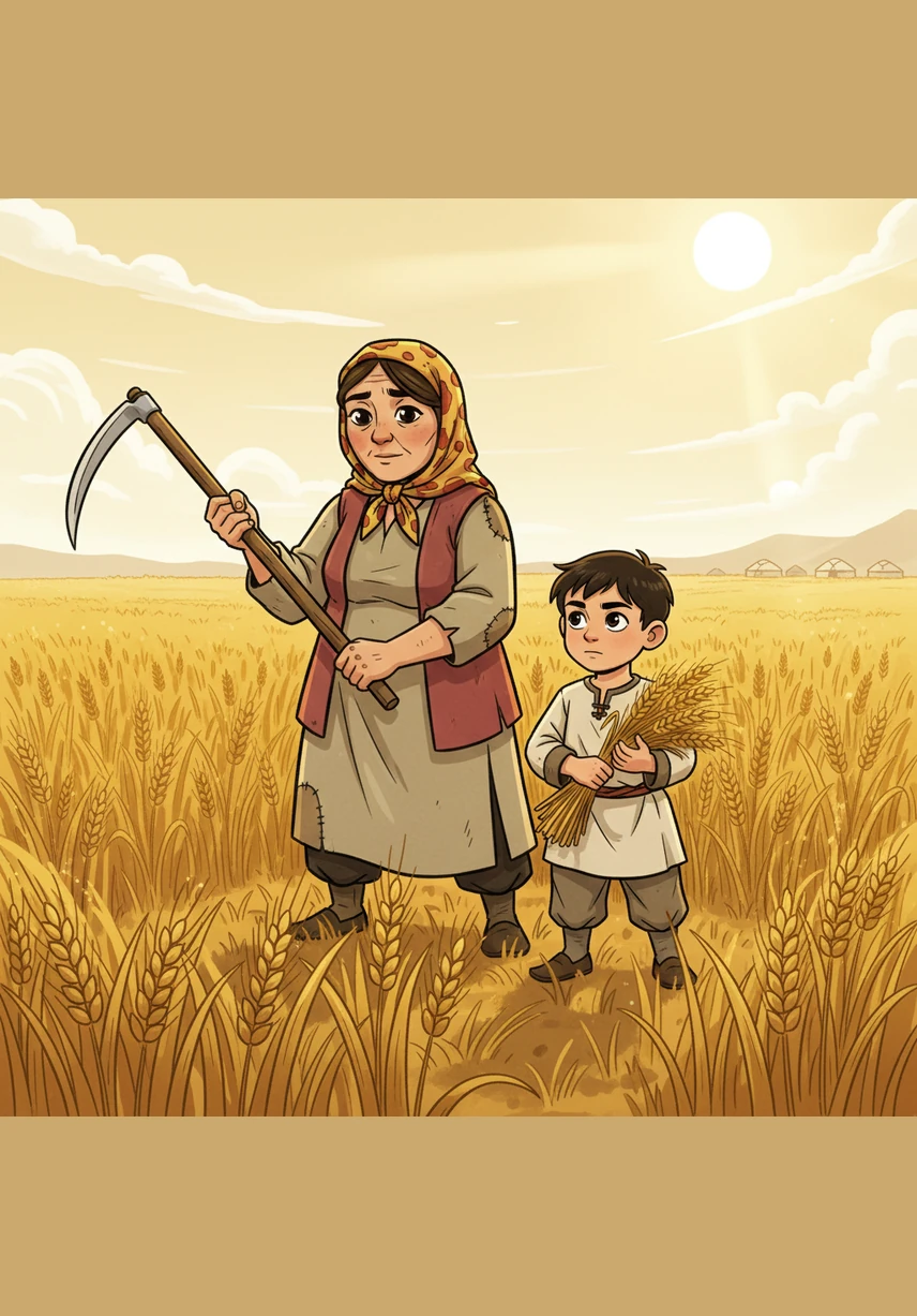 Years later, the sun blazes over a golden field of wheat where Jamal harvests the crop with calloused, steady hands. Beside her, her young son Baqytt helps with the sheaves, both of them thriving through the iron strength of honest labor.