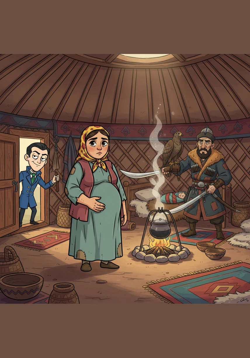 The door to the well-lit yurt creaks open, revealing a ragged, broken man who is a mere shadow of his former self. Otegen stands trembling in the entrance, a stranger to the home he abandoned, while Jamal looks on with calm, cold eyes.